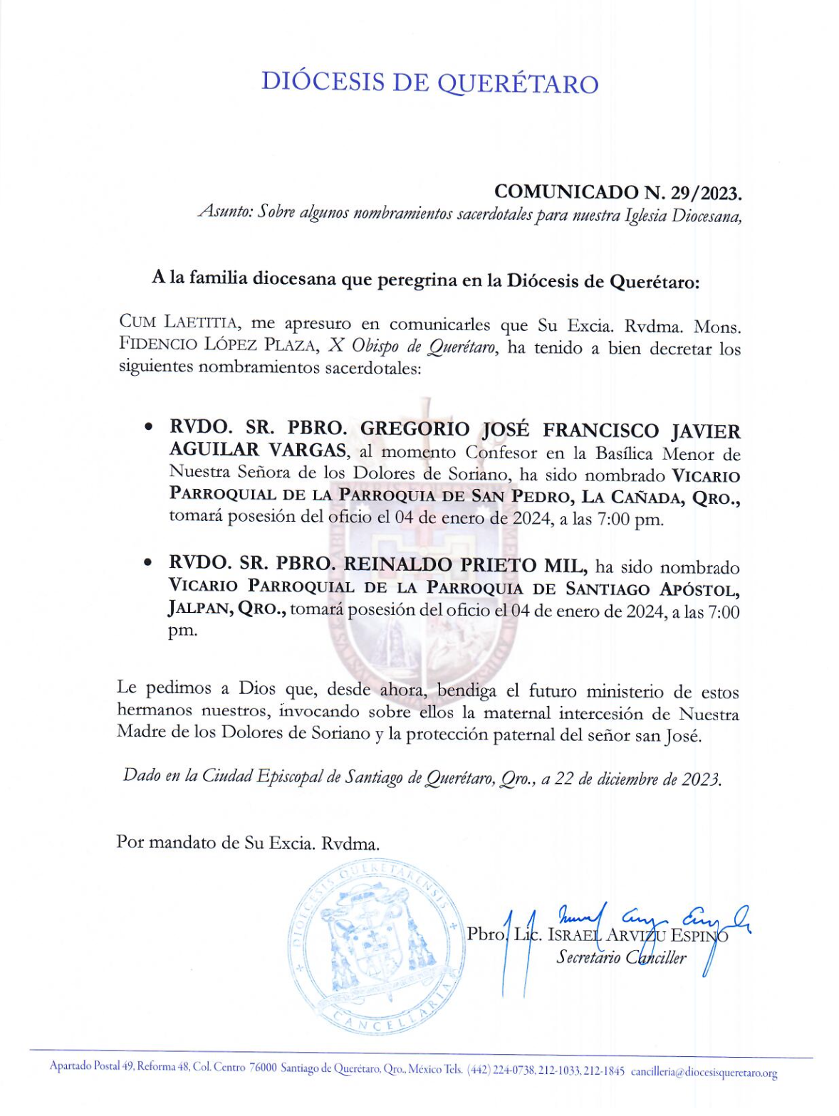 COMUNICADO N. 29/2023. Asunto: Sobre algunos  nombramientos sacerdotales  para nuestra Iglesia Diocesana.